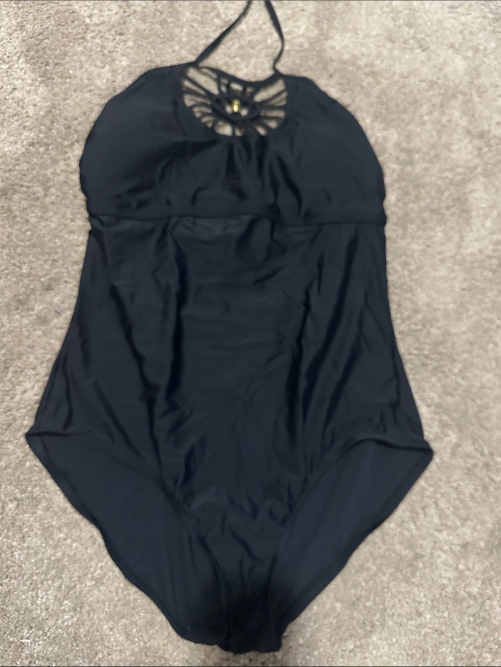 Black One-Piece Halter Swimsuit with Decorative Neck Detail